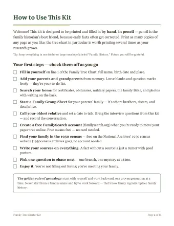 Page 2 of the free family tree starter kit: First-steps checklist