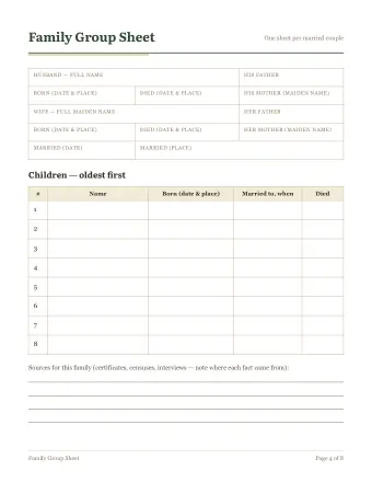 Page 4 of the free family tree starter kit: Family group sheet