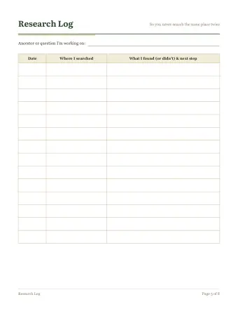 Page 5 of the free family tree starter kit: Research log