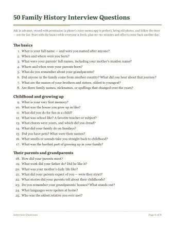 Page 6 of the free family tree starter kit: Interview questions 1–25