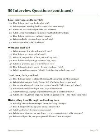 Page 7 of the free family tree starter kit: Interview questions 26–50